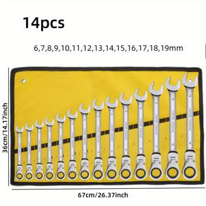 TEMU 14개 조절 가능한 래칫 렌치 세트, 미러 크롬 마감, 퀵 릴리스 & 오픈 엔드 - 노란색 휴대용 가방 포함
