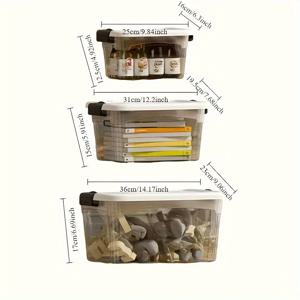 TEMU 뚜껑과 손잡이가 있는 3개 세트 튼튼한 ABS 플라스틱 보관함 - 쌓을 수 있는 투명 정리용기, 집, 사무실, 차 트렁크 정리에 적합 - 간식, 약, 필수품 보관용, 집 정리용 보관함|수납정리함