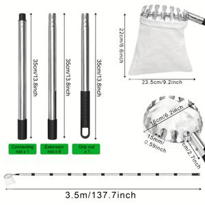 TEMU 11피트 조절 가능한 과일 따기 막대와 바구니, 사과, 망고, 레몬, 오렌지용 경량 스테인리스 텔레스코핑 도구 - 대형 부직포 캐처 바구니