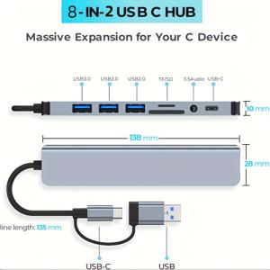 TEMU THLAN 8-포트 USB 3.0 & Type-C 허브, 오디오 마이크 및 SD/TF 카드 리더가 있는 이중 용도, 노트북, 맥북 프로, 아이맥, 아이패드 프로용 - 충전되지 않은 전원 모드, 전자 부품 포함|USB|USB