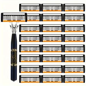 TEMU 럭셔리 남성용 안전 면도기 세트 - 쉬운 원클릭 면도날 교체, 금속 손잡이, 밀리지 않는 그립감 - 턱수염 및 콧수염 관리 - 가정 및 여행을 위한 전문적이고 편리한 개인 관리 도구 - 여러 개의 면도날 포함