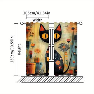 TEMU 2개 세트 러스틱 블랙 캣 & 프린트 커튼 - 로드 포켓 디자인, 폴리에스테르, 거실, 주방, 식당 장식에 완벽 (로드 미포함)