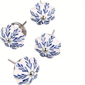 TEMU Elegant Blue and White Floral Ceramic Pumpkin Cabinet Knobs - Set of 4