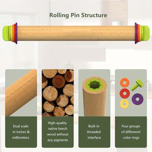 TEMU 조절 가능한 두께 링이 있는 나무 롤링 핀 - 16 인치 원목 롤링 핀 세트, 피자, 빵, 쿠키, 케이크를 위한 4가지 컬러 반죽 두께 가이드 포함 - 크리스마스, 할로윈, 부활절, 하누카, 추수감사절에 이상적
