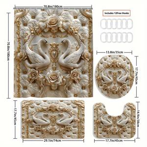 TEMU 1/4개 3D 백조 엠보싱 진주 프린트 창의적인 샤워 커튼 세트, 방수 샤워 커튼, 미끄럼 방지 바닥 매트, 변기 뚜껑, 욕실 매트 및 12개의 플라스틱 후크 포함 욕실 장식품, 홈 데코
