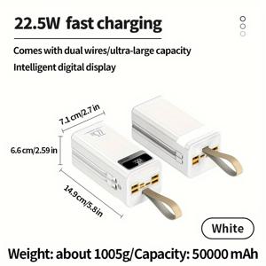 TEMU 대용량 파워뱅크 50000mAh, 디지털 디스플레이 스크린/매달 수 있는 로프, USB/Type-C , 삼성 샤오미 아이폰6/7/8/10/11/12/13/14/15+X/XS/XR/Pro Max/pro에 적용 가능, 다기능 케이블 내장 라인 타입클라인 포함.