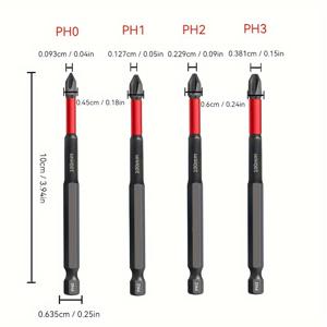 TEMU 4개 3가지 길이 65//150mm 4가지 모델 PH0/PH1/PH2/PH3 세트 S2 강철 소재 1/4인치 핸들 자석 필립스 스크루드라이버 비트 전기 스크루드라이버 수동 스크루드라이버 비트 고강도 방지 비트 충격 저항