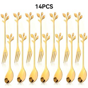 TEMU 14개 황금 잎 스테인리스 스틸 디저트 포크 세트, 우아한 과일 시음 스푼, 결혼식, 파티용 - 가정 및 상업용 다용도 식기 세트 - 선물 및 소매점에 이상적 - 크리스마스, 할로윈, 부활절, 하누카, 추수감사절에 적합