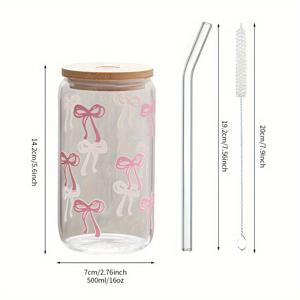 TEMU 1개 3D 프린트 핑크 리본 유리컵, 대나무 뚜껑 및 빨대 포함 16oz 찬물 및 뜨거운 리본 유리컵, 슬러시, 아이스티, 커피에 적합