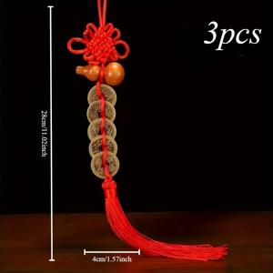 TEMU 3개의 중국 풍수 동전과 빨간 매듭 장식 - 원단 행운 부적 구리 동전 펜던트 - 부와 성공 및 보호 장식 장식 - 풍수 가정 장식 및 새해 선물
