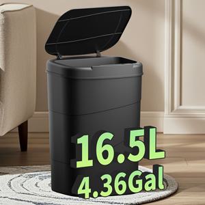 TEMU 16.5L/4.36gal 스마트 센서 , 블랙 플라스틱, 조용한 자동 개폐, 냄새 밀봉 뚜껑, 타원형, 듀얼 AA 배터리 구동 (포함되지 않음), 주방, 욕실, 침실에 위생적