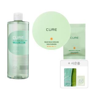 김정문알로에 큐어 아쿠아 마일드 쿨링 선쿠션+리필 세트, 1개 + 워터 젤리 토너 500ml, 1개 + 증정(안티에이징 크림S 파우치, 2ml, 1개+ 큐어 알로에 슬라이스 젤리 마스크, 1매)