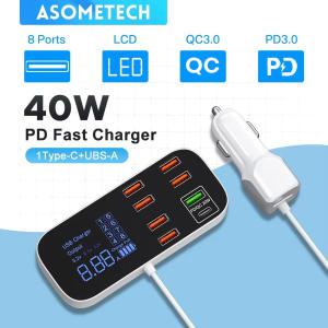 LED 디스플레이가 있는 차량용 USB 충전기 QC3.0 PD C타입 고속 휴대폰 아이폰 14 안드로이드 멀티 40W 8 포트