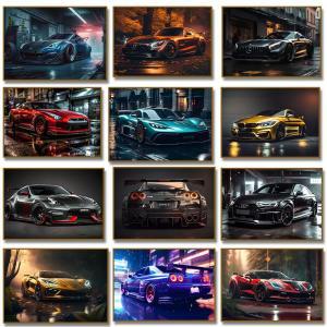 블랙 인더스트리얼 스타일 메르세데스 AMG 닛산 GTR 자동차 포스터, 럭셔리 캔버스 페인팅, 벽 예술 그림