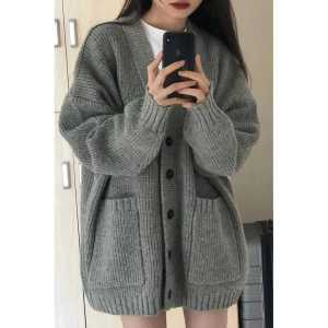 오버핏 스웨터 복고풍 오버사이즈 그레이 니트 가디건
