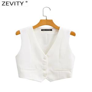 Zevity 여성 패션 V넥 싱글 브레스트 짧은 조끼, 오피스 레이디 민소매, 세련된 화이트 세트, 비즈니스 슬림 조끼, CT556