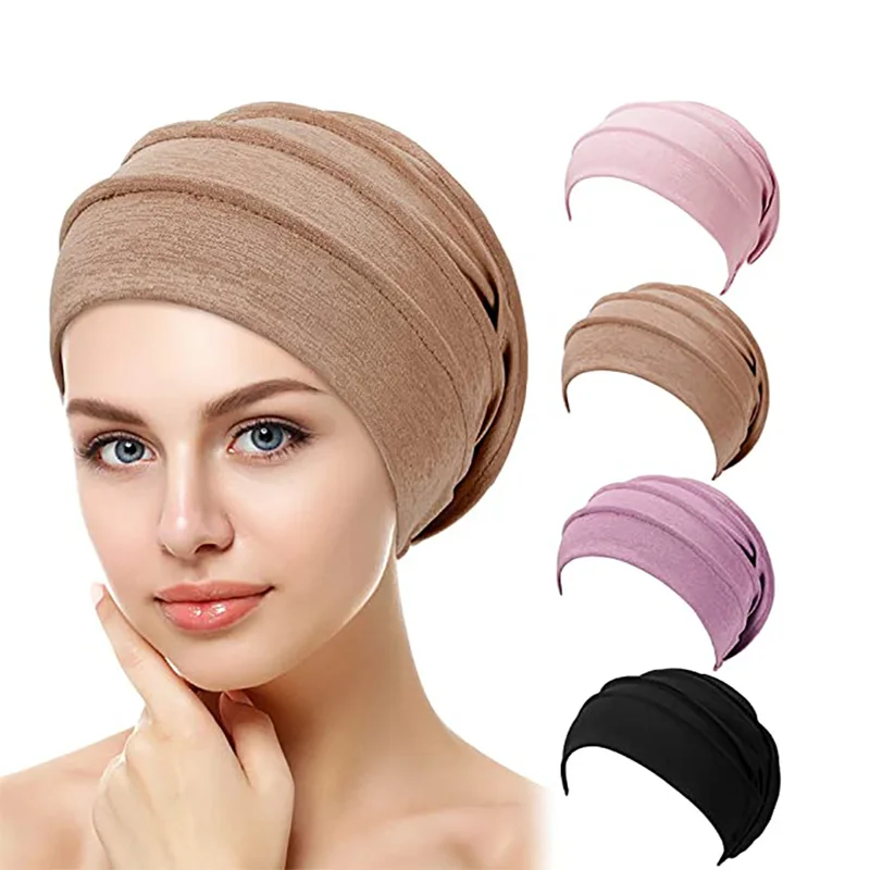 여성 코튼 슬라우치 비니 케모 캡 솔리드 컬러 보닛 내부 Hijabs 모자 이슬람 머리 랩 Femme 랩 헤드 탄성 터번 모자