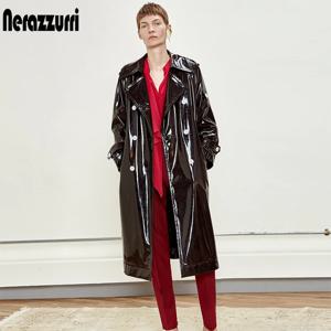 Nerazzurri 여성용 롱 방수 블랙 페이턴트 가죽 트렌치 코트, 2020 더블 브레스트 무지개 빛깔 특대 가죽 코트, 7xl