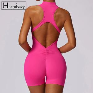 새로운 V 백 스크런치 스포츠 점프 슈트 여성 체육관 Rompers 민소매 운동복 바디 슈트 여성 지퍼 원피스 양복 요가 의류