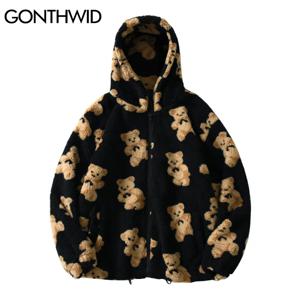 GONTHWID 양털 후드 자켓 streetwear 캐주얼 하라주쿠 힙합 남성 여성 패션 베어 프린트 풀 지퍼 후드 코트 탑 아웃웨어