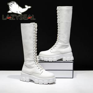 LazySeal 겨울 긴 부츠 신발 여성 흰색 레이스 업 지퍼 높이 증가 Pu 가죽 신발 플러시 Botas Mujer 빅 사이즈 43