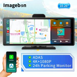 Imagebon 10.26인치 4K 대시캠 ADAS 무선 및 유선 CarPlay/Android Auto 5G WiFi GPS 네비게이션 후방 카메라 대시보드 비디오 레코더