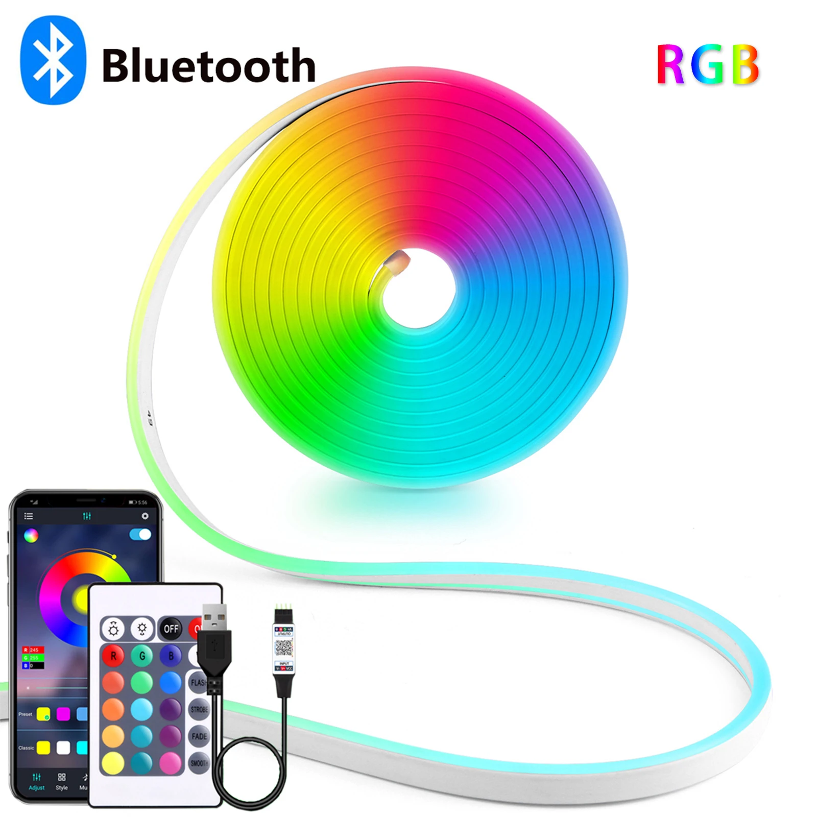 네온 장식 조명용 USB RGB 네온 LED 스트립, 블루투스 앱 및 리모컨, DC5V, IP65 방수, 1 m, 2 m, 3 m, 4 m, 5m