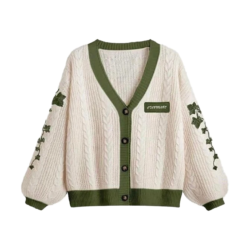 Evermore Cardigan Taylor 버전 Green Vine 수 놓은 버튼 다운 케이블 니트 스웨터 여성 가을 ​​겨울 빈티지 복장