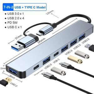 USB C 허브 USB 허브 3.0, 알루미늄 7 in 1 USB 확장기, USB 분배기(1 X USB 3.0, 4 X USB 2.0 및 2 X USB C 포트 포함)