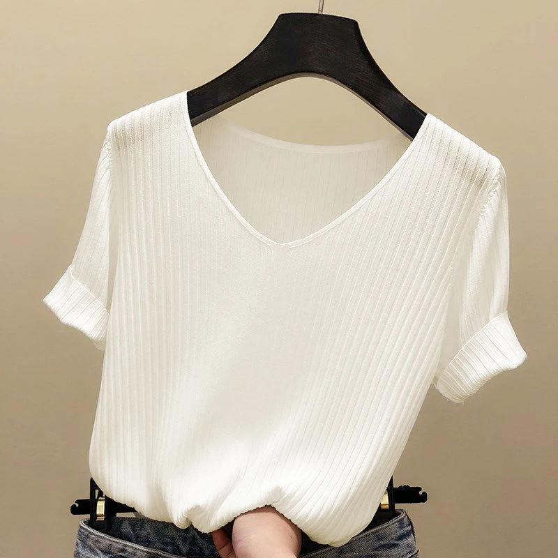 니트 반팔 여성 v 넥 T 셔츠 2025 블루 슬림 블랙 얇은 니트 오렌지 탑 숙녀 여름 Camiseta 여름 T 셔츠