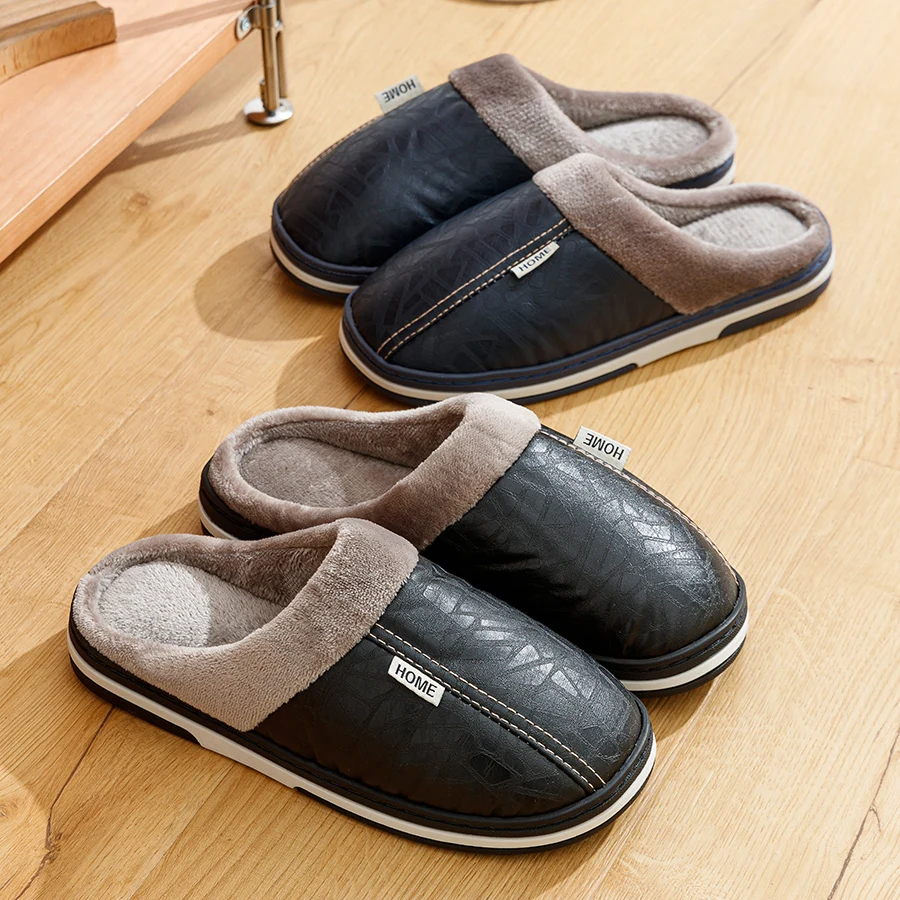 PU 가죽 큰 크기 남자 슬리퍼 실내 방수 모피 플랫 남자 겨울 홈 슬리퍼 코튼 침실 Houseshoes