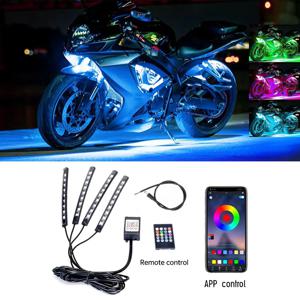 RGB LED 오토바이 분위기 풋 라이트 키트, 앱 음악 제어, 유연한 방수 네온 스트립, 자동차 모토 장식 램프, 12V