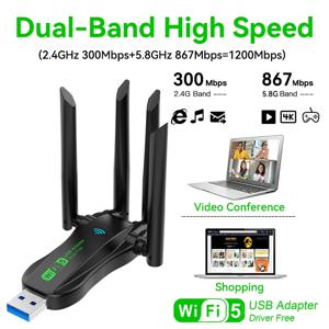 VAORLO 1200Mbps WiFi USB 어댑터 WiFi5 듀얼 밴드 2.4G+5.8Ghz 4 안테나 동글 USB3.0 고속 무선 카드 수신기 PC/노트북