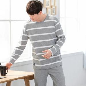 캐주얼 오 넥 코튼 잠옷 남성용 Pijama 세트 가을 통기성 긴 소매 수면 탑 잠옷 pijama Man Home Suit Dropship