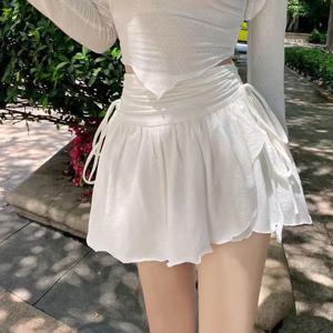 한국어 여름 흰색 미니 스커트 숙녀 하이 웨스트 불규칙한 Drawstring 플리츠 스커트 Girly Style All-Match Short 스커트