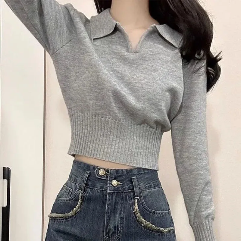 Xpqbb 한국 시크 턴다운 칼라 스웨터, 여성용 회색 슬림 핏 긴팔 크롭 스웨터, 여성용 스트리트웨어 니트 풀오버