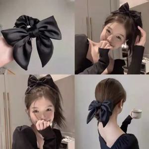 우아한 활 리본 헤어 밴드, 여자 헤어 타이, 솔리드 새틴 나비 매듭, 스크런치 포니테일 대형 고무 밴드, 헤어 액세서리