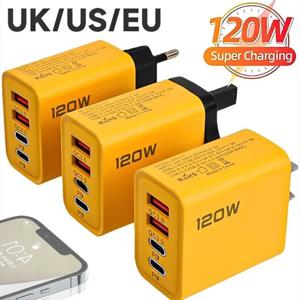 120W 고속 충전 4 포트 휴대폰 충전기, QC3.0 USB C타입 충전기, 듀얼 PD 벽 어댑터, EU, US, UK 플러그, 아이폰 15, 샤오미