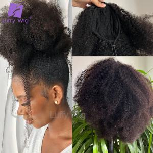 Drawstring 포니 테일 인간의 머리카락 4c Afro Kinky Curly Ponytails 실제 몽골어 레미 헤어 포니 테일 클립 확장 번들 120g