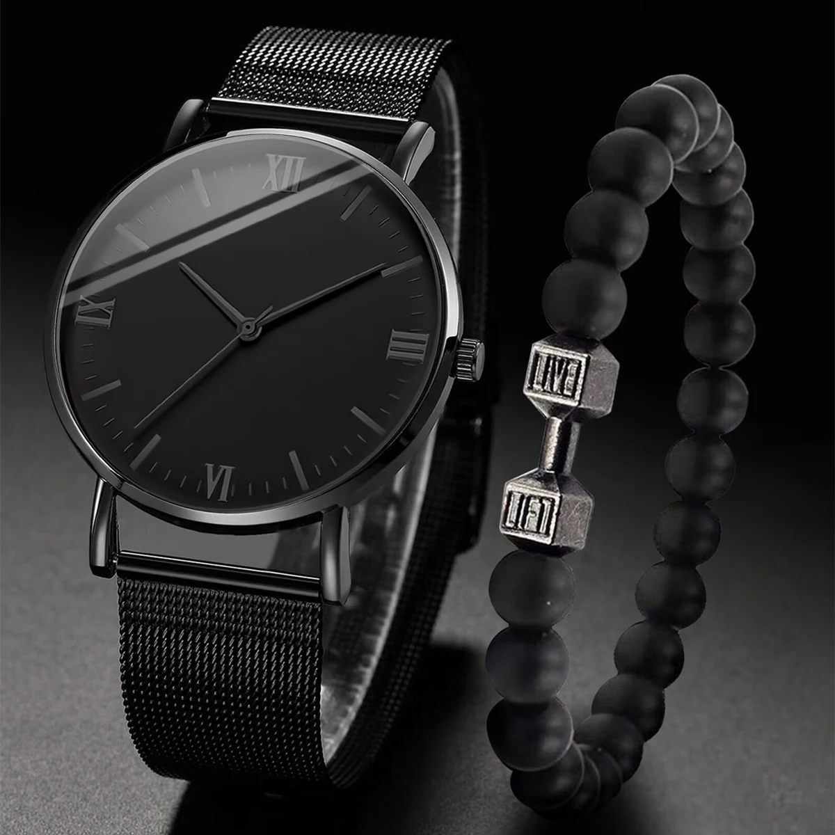 2PCS 남자 시계 패션 로마 석영 시계 스틸 메쉬 밴드 손목 시계 팔찌 세트