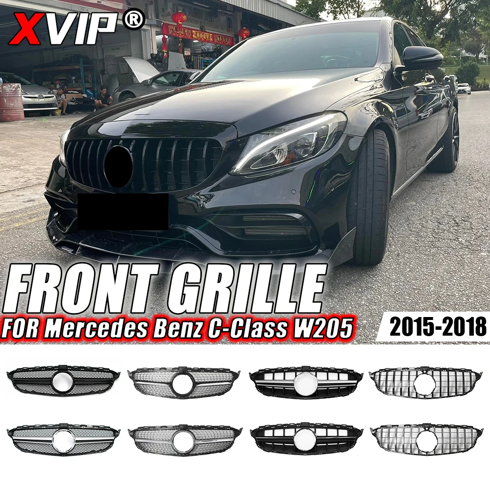 메르세데스 벤츠 C 클래스 W205 용 XVIP 앞 범퍼 그릴 2015-2018 C180 C200 C250 C300 크롬 블랙 다이아몬드 스타일 레이싱 그릴