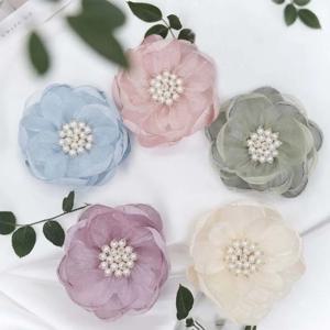 바느질 원단 3D 쉬폰 꽃 쉬폰 비즈 센터 인공 꽃, 수제 번트 에지 DIY 바느질 아플리케, 5 개