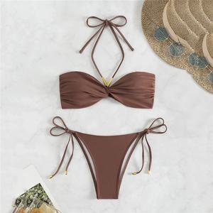 브라운 수영복 String Halter Bandeau 비키니 세트 마이크로 끈 섹시한 수영복 여성 뒤로 매듭 수영복 비키니 Mujer 2025