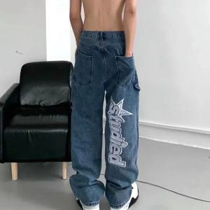 힙합 편지 자수 Y2K 데님 청바지 루즈 스트레이트 바지 남성용 와이드 레그 바지 커플 streetwear 카고 한국어