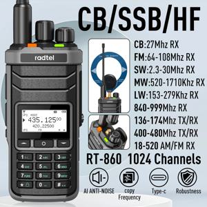 Radtel RT-860 멀티 밴드 햄 라디오, HF UHF VHF 듀얼 밴드, AM USB LSB CW CB LW MW SW SSB 수신, 1024 채널, 2000mAh 박쥐