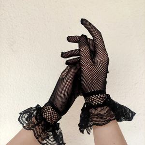 여성 블랙 화이트 여름 자외선 방지 운전 장갑 여성 얇은 Fishnet 메쉬 장갑 패션 프릴 전체 손가락 레이스 장갑