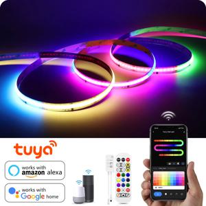 Tuya 스마트 WIFI RGBIC COB LED 스트립 라이트 테이프 주소 지정 가능 WS2811 IC 유연한 RGB 네온 LED 라이트 12V APPControl for Alexa Google