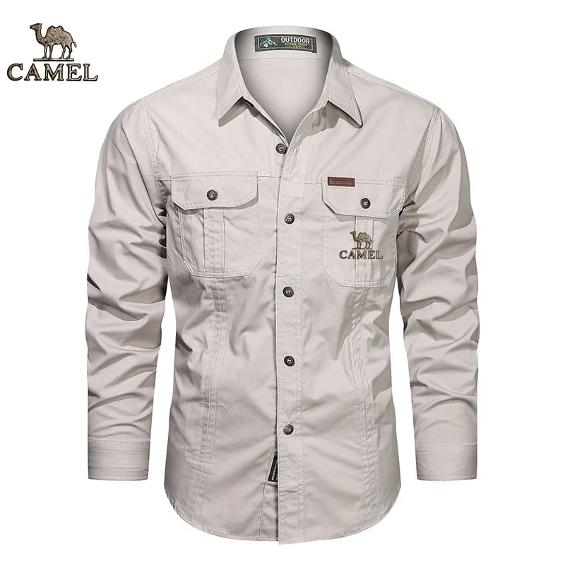2024 Camel Authentic Emblem 봄, 가을 시즌 남성용 긴팔 퓨어 코튼 캐주얼 솔리드 컬러 셔츠를위한 새로운 셔츠