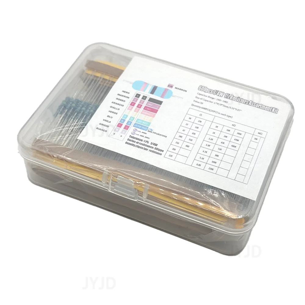 300/600pcs 1% 저항 세트 저항 1/4W 금속 필름 저항기 키트 10Ohm ~1M Ohm 30값 전자 부품 키트