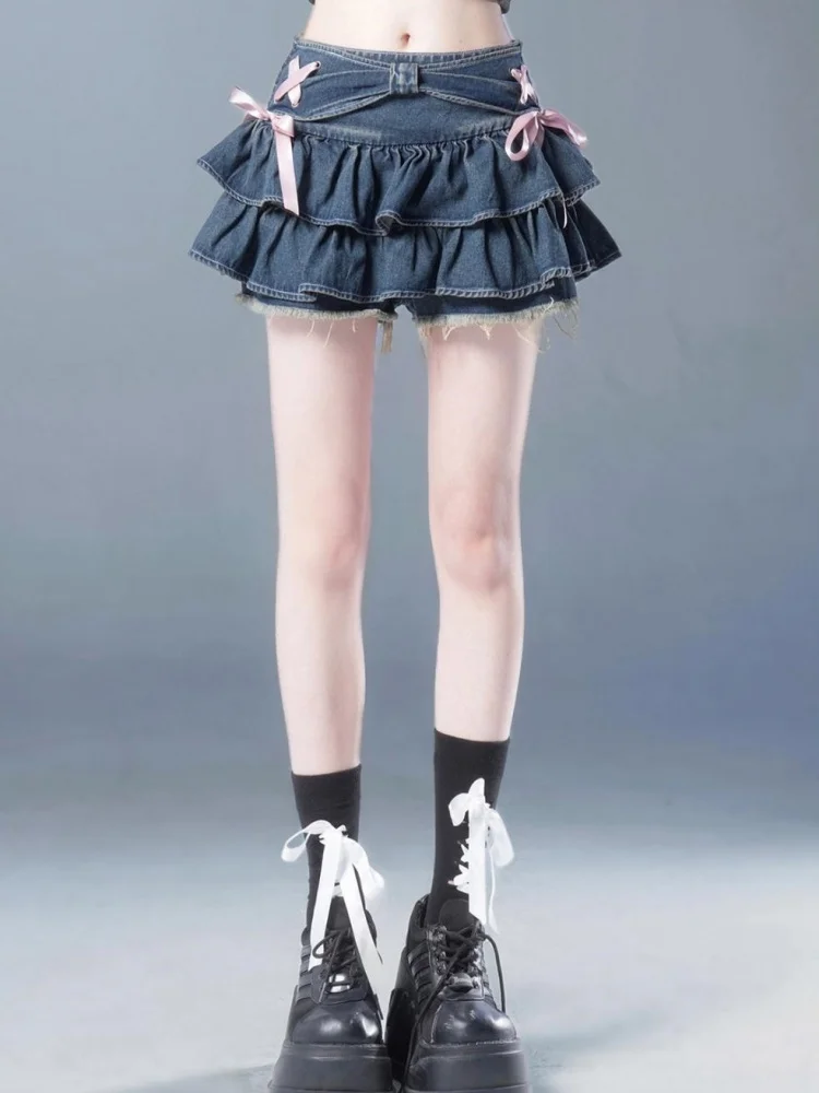 블루 데님 플리츠 스커트 보우 폴드 디자인 여성 A 라인 짧은 스커트 반바지 내장 American Spicy Girl Korean Fashion Hotsweet